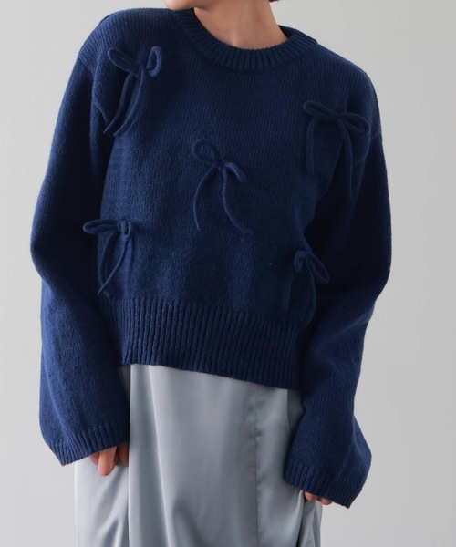 PURE BRIGHT（ピュアブライト）の「リボンモチーフニットプルオーバー（ニット/セーター・レディース・グレー/ネイビー・FREE）」の12枚目の写真