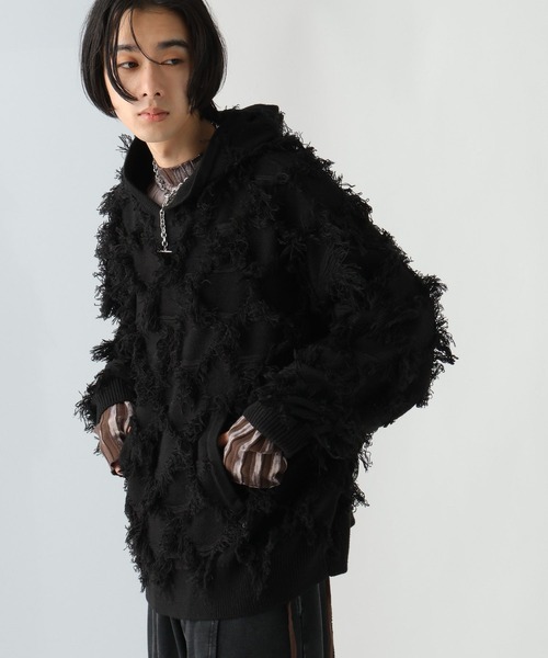 HARE(ハレ)の「【UNDERGROUND MODE】フリンジニットフーディ(HARE)(パーカー・メンズ・ブラック/パープル・FREE)」の1枚目の写真