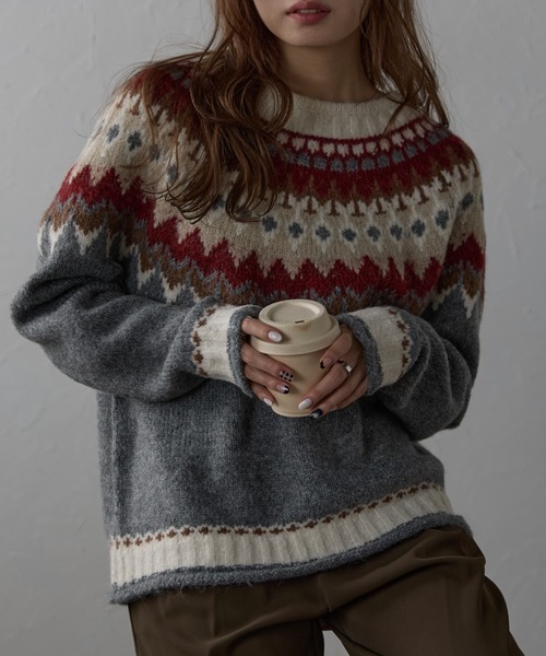 【美品】ヴィンテージニット　ノルディック柄　モックネック　ノルウェーニット　古着 XS】【80年代】nordstrikk ノルウェー製 ノルディック柄 金具
