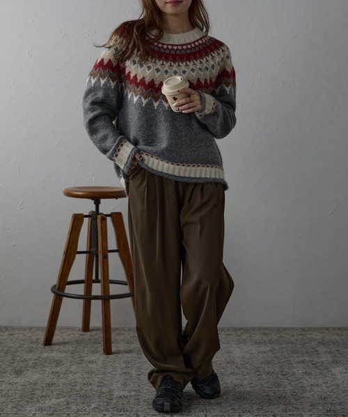 【M】VOLUNT ノルディック柄 ビンテージライク セーター グレー ニット セーター ノルディックレトロニット レディース : ZOZOTOWN