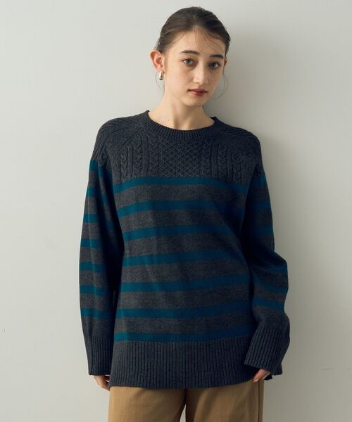 【セール】ケーブル×ボーダーニット（ニット/セーター）｜YECCA VECCA（イェッカヴェッカ）