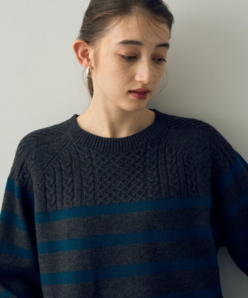 【セール】ケーブル×ボーダーニット（ニット/セーター）｜YECCA VECCA（イェッカヴェッカ）