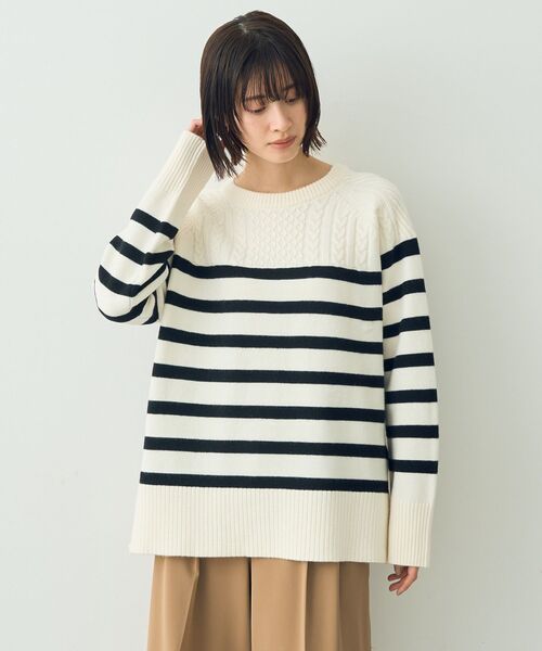 【セール】ケーブル×ボーダーニット（ニット/セーター）｜YECCA VECCA（イェッカヴェッカ）