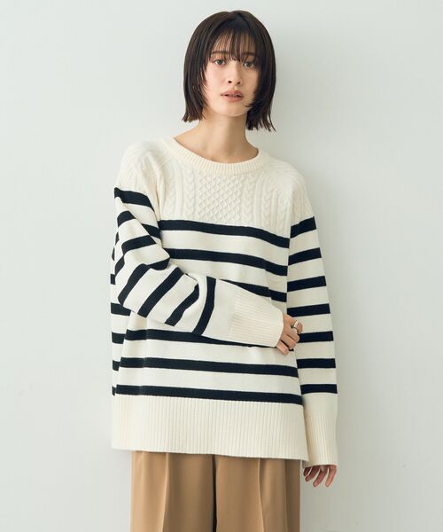 【セール】ケーブル×ボーダーニット（ニット/セーター）｜YECCA VECCA（イェッカヴェッカ）