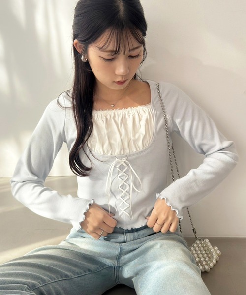 one after another NICE CLAUP(ワンアフターアナザーナイスクラップ)の「レイヤードリボントップス(Tシャツ/カットソー・レディース・オフホワイト/ブラック/サックスブルー/レッド・FREE)」の3枚目の写真