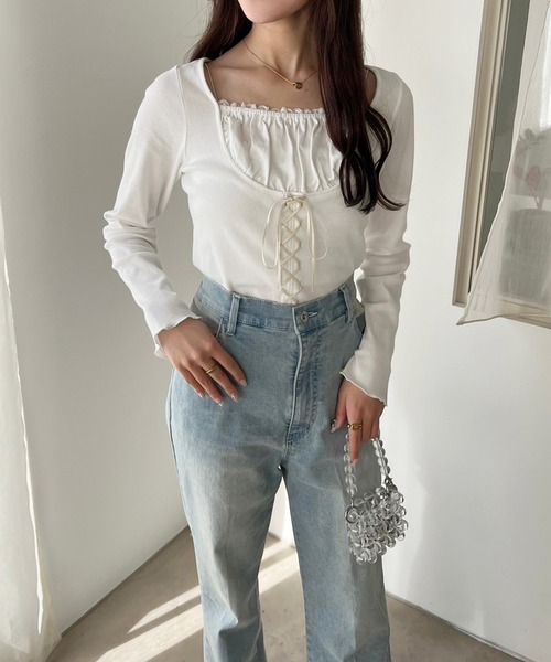 one after another NICE CLAUP(ワンアフターアナザーナイスクラップ)の「レイヤードリボントップス(Tシャツ/カットソー・レディース・オフホワイト/ブラック/サックスブルー/レッド・FREE)」の12枚目の写真