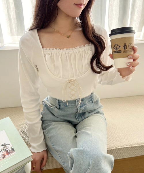 one after another NICE CLAUP(ワンアフターアナザーナイスクラップ)の「レイヤードリボントップス(Tシャツ/カットソー・レディース・オフホワイト/ブラック/サックスブルー/レッド・FREE)」の14枚目の写真