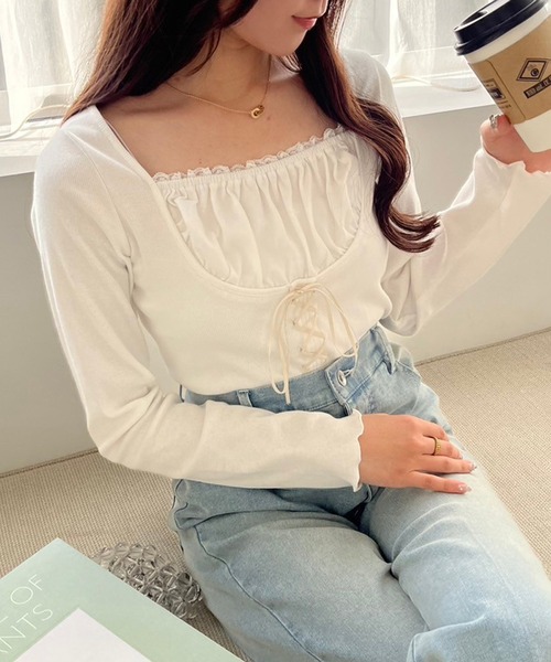 one after another NICE CLAUP(ワンアフターアナザーナイスクラップ)の「レイヤードリボントップス(Tシャツ/カットソー・レディース・オフホワイト/ブラック/サックスブルー/レッド・FREE)」の15枚目の写真