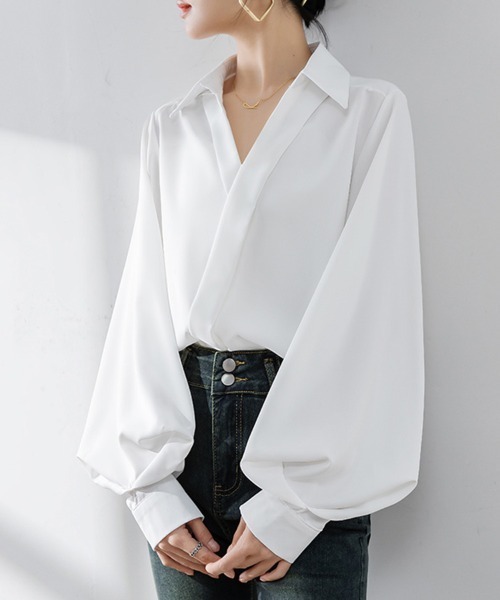 ブラウス シャツ Vネックボリュームスリーブフレアブラウス レディース MODE ROBE ブラウス シャツ Vネックボリュームスリーブフレア