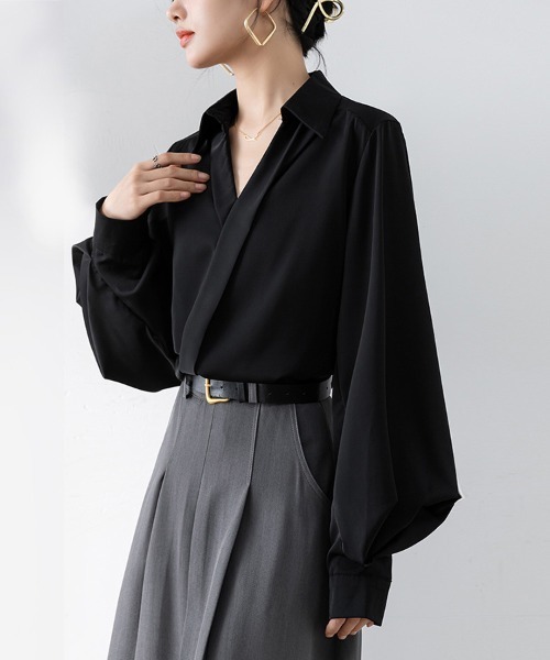 ブラウス シャツ Vネックボリュームスリーブフレアブラウス レディース MODE ROBE ブラウス シャツ Vネックボリュームスリーブフレア