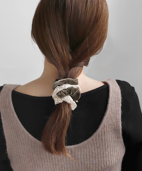 モアリッチネローラ　コパンシュシュ　新品　2本セット ベロア×レースシュシュ[2個セット]（シュシュ）｜ANEMONE（アネモネ