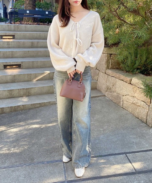 INGNI(イング)の「Vネック2つリボンニットカーディガン(カーディガン/ボレロ・レディース・ブラック/グレー系その他/アイボリー/ピンク/サックスブルー・M)」の12枚目の写真