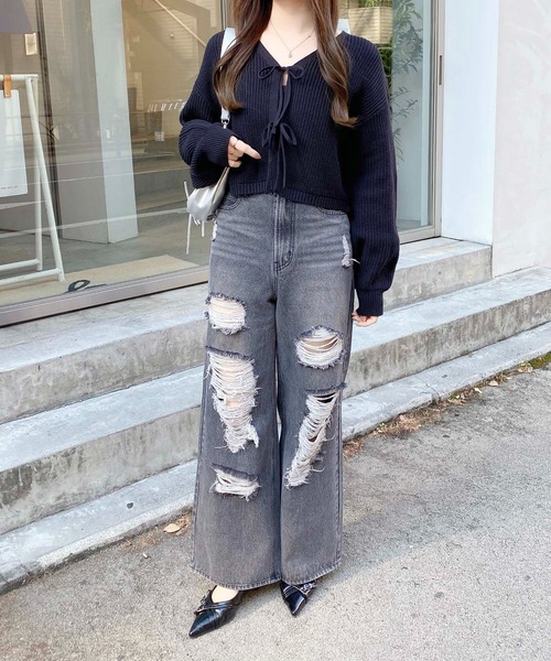 INGNI(イング)の「Vネック2つリボンニットカーディガン(カーディガン/ボレロ・レディース・ブラック/グレー系その他/アイボリー/ピンク/サックスブルー・M)」の15枚目の写真