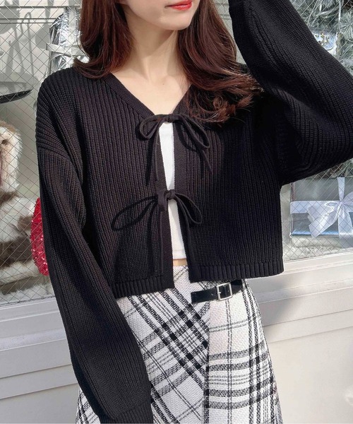 セール】Vネック2つリボンニットカーディガン（カーディガン/ボレロ