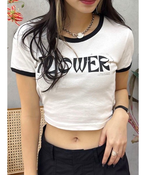 EVRIS（エヴリス）の「FLOWERストラップクロップドＴシャツ（Tシャツ/カットソー・レディース・ホワイト/ブルー/カーキ・FREE）」の4枚目の写真