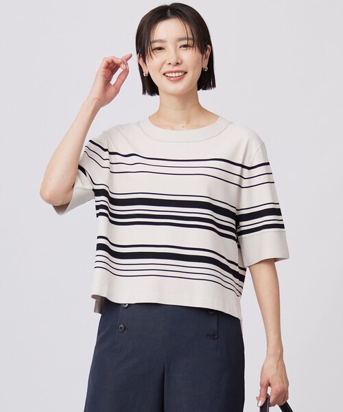 J.PRESS(ジェイプレス)の「【洗える】RAYON ELITE STRETCH ボーダー ニットT(ニット/セーター・レディース・ベージュ系1/サックスブルー系1/ホワイト系1・T13/T15)」の1枚目の写真