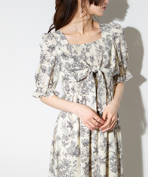 ゆったりめ/フリル襟のワンピース/ピンパーネル/フロントリボン/モカ zj-gb-054.jpg