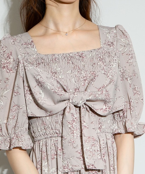 36 ピンク　ベージュ　半袖　ワンピース ドレスプラス DRESS+ 胸元レースデザインパーティードレス・結婚