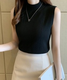 《9色展開》夏も隠すところ隠して上品に魅せるノースリーブ。上品モックネック夏服リブニット