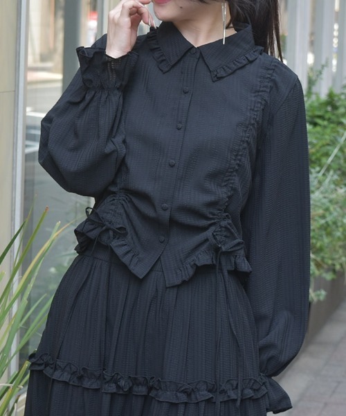 axes femme（アクシーズファム）の「ショート丈ドロストブラウス（シャツ/ブラウス・レディース・ブラック/ネイビー/ミント・FREE）」の2枚目の写真