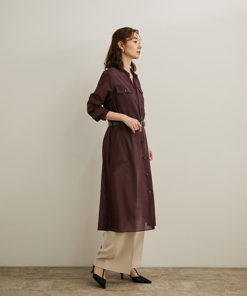 美品●100%リネン【洗える】太ベルト付き サファリシャツドレス セール】【洗える】サファリシャツドレス（シャツワンピース