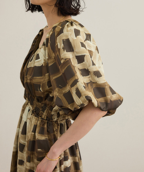 セール】スクエア ジオメトリックプリントワンピース/洗える（ドレス