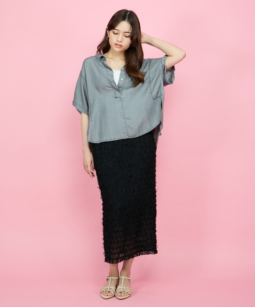QUEENS COURT(クイーンズコート)の「シャーリングシフォンタイトスカート≪手洗い可能≫(スカート・レディース・オフホワイト/ブラック/パープル・M)」の4枚目の写真