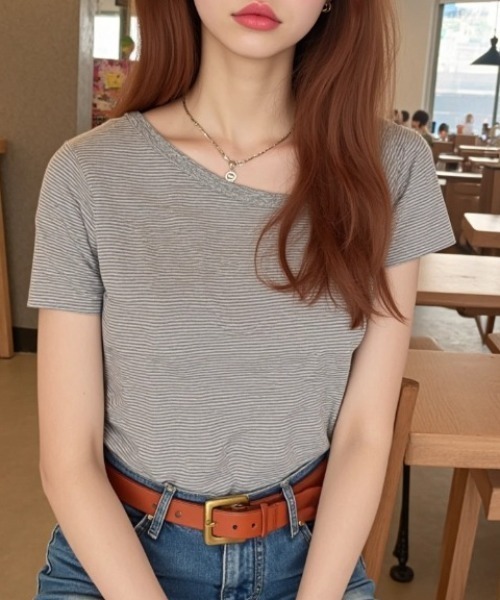 paravion（パラビオン）の「ボーダーワンショルTシャツ（Tシャツ/カットソー・レディース・ネイビー/グレー・FREE）」の2枚目の写真