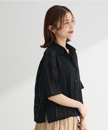 Green Parksフロント開きギャザー5分丈袖ブラウスチェックブラック