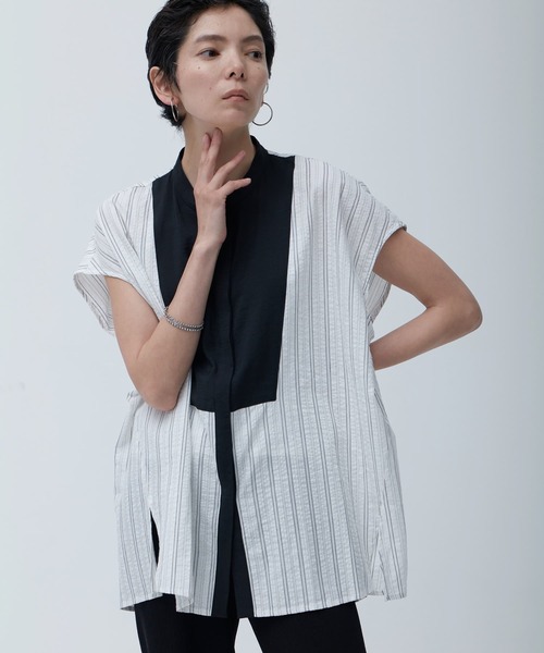 Brown&Street(ブラウンアンドストリート)の「サッカーストライプヨークシャツ(シャツ/ブラウス・レディース・ブラック/ホワイト・FREE)」の1枚目の写真