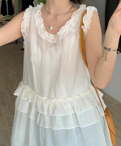 PATOU ワンピース フレア フリル ホワイト rienda レースアップフリルワンピース WHT -ファッション通販