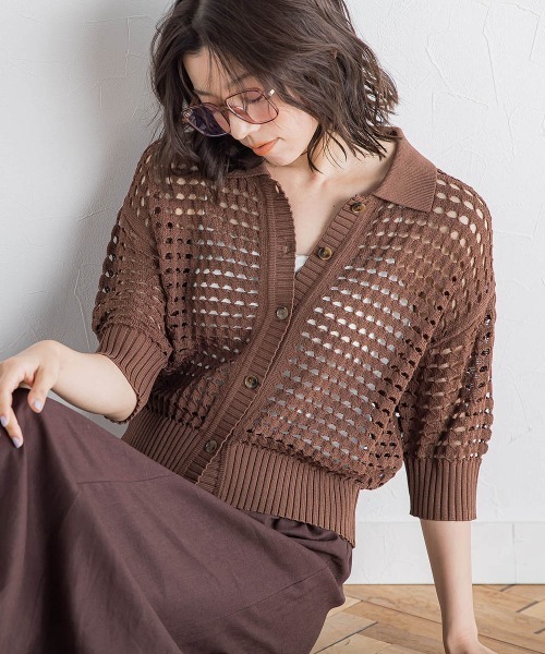 Droite lautreamont（ドロワットロートレアモン）の「襟付きメッシュニット≪手洗い可能≫（ニット/セーター・レディース・ネイビー/ブラウン/オフホワイト・M）」の2枚目の写真