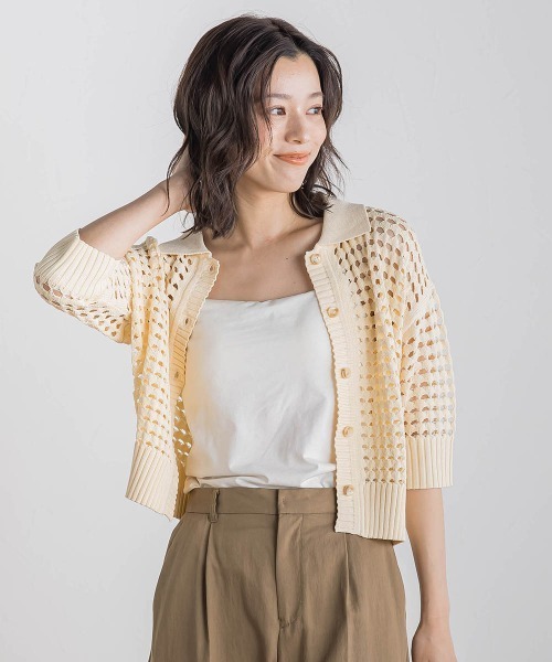 Droite lautreamont（ドロワットロートレアモン）の「襟付きメッシュニット≪手洗い可能≫（ニット/セーター・レディース・ネイビー/ブラウン/オフホワイト・M）」の4枚目の写真