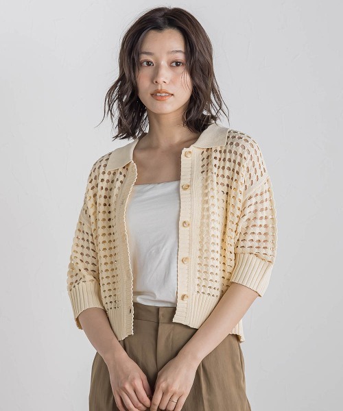 Droite lautreamont（ドロワットロートレアモン）の「襟付きメッシュニット≪手洗い可能≫（ニット/セーター・レディース・ネイビー/ブラウン/オフホワイト・M）」の5枚目の写真