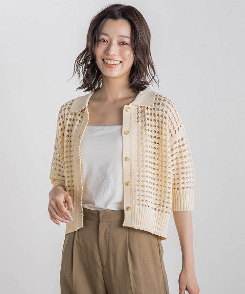 Droite lautreamont（ドロワットロートレアモン）の「襟付きメッシュニット≪手洗い可能≫（ニット/セーター・レディース・ネイビー/ブラウン/オフホワイト・M）」の6枚目の写真