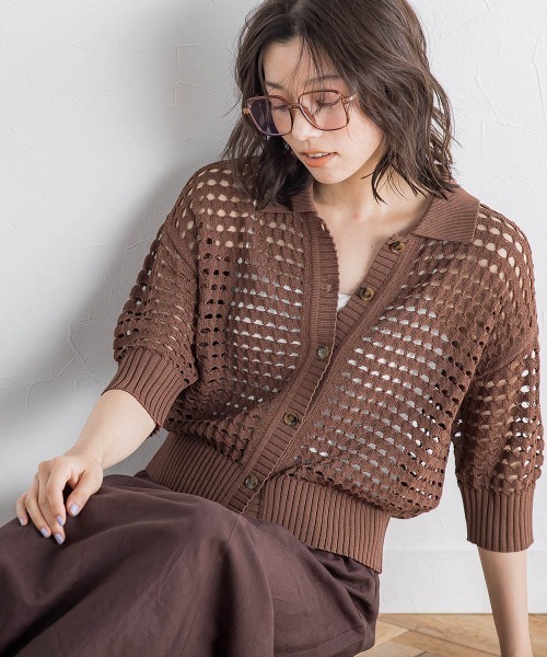 Droite lautreamont（ドロワットロートレアモン）の「襟付きメッシュニット≪手洗い可能≫（ニット/セーター・レディース・ネイビー/ブラウン/オフホワイト・M）」の18枚目の写真