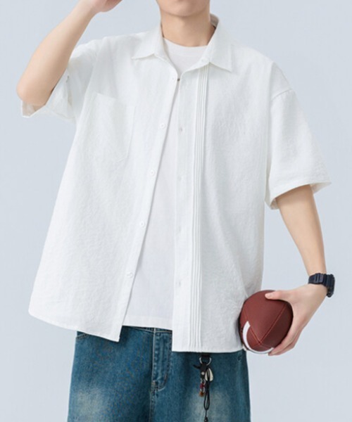 新品未使用 個性的ポケット背中ピンタックデザイン シャツ ブラウス ジャケット セール】Short-sleeved shirt with pin-tuck design
