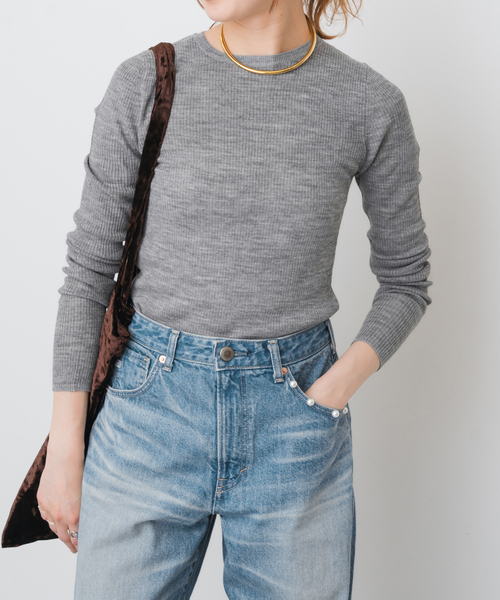 Spick&Span ウォッシャブルシアーリブニット グレー ウォッシャブルシアーリブニット（ニット/セーター）｜Spick