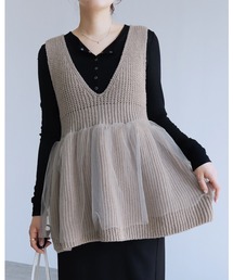 reca | ニット×チュールVネックペプラムベスト(ベスト)