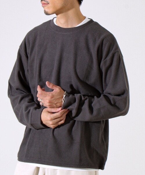 セール】【レイヤードに最適】起毛ワッフル 裾ドロストロンT（Tシャツ