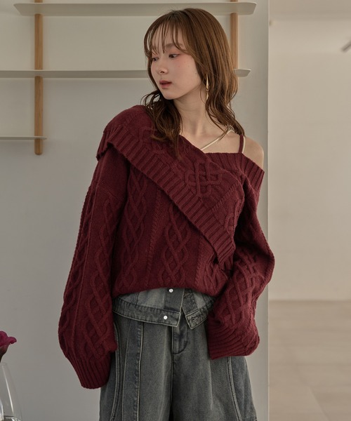 mideal(マイディール)の「one shoulder cable knit / ワンショルケーブルニット(ニット/セーター・レディース・アイボリー/ブルーグリーン/ボルドー・FREE)」の7枚目の写真