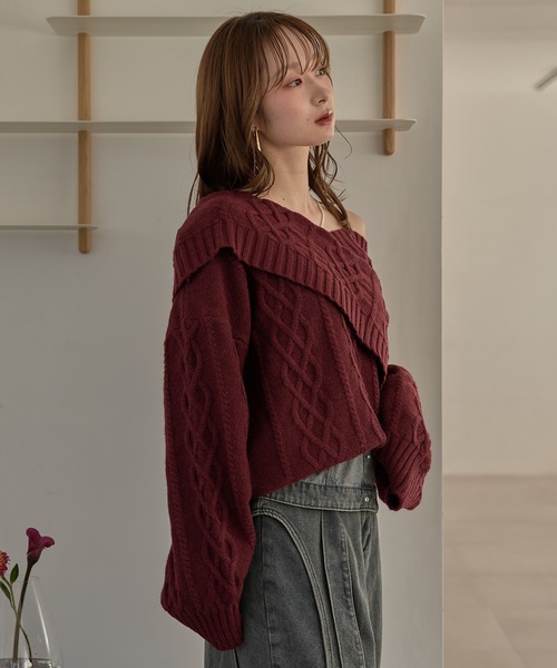 mideal(マイディール)の「one shoulder cable knit / ワンショルケーブルニット(ニット/セーター・レディース・アイボリー/ブルーグリーン/ボルドー・FREE)」の10枚目の写真