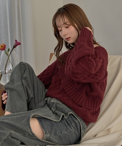 mideal(マイディール)の「one shoulder cable knit / ワンショルケーブルニット(ニット/セーター・レディース・アイボリー/ブルーグリーン/ボルドー・FREE)」の9枚目の写真