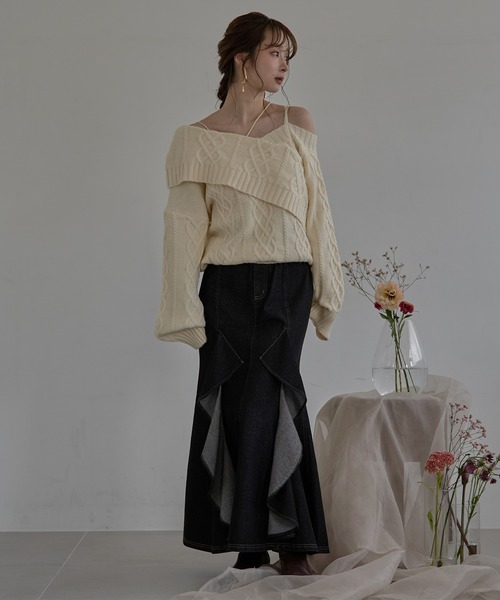 mideal one shoulder cable knit ボルドー one shoulder cable knit / ワンショルケーブルニット（ニット