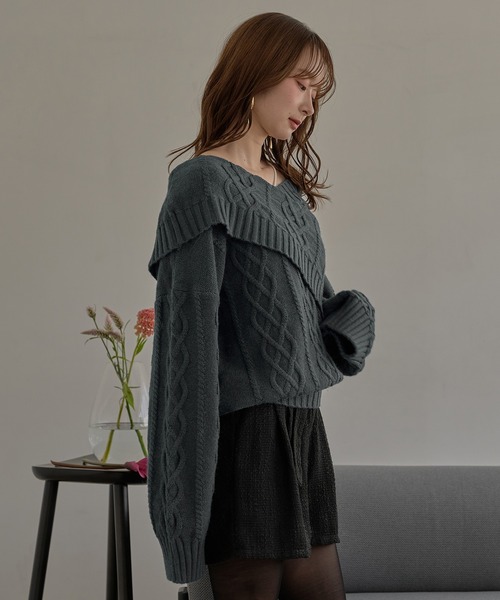 mideal(マイディール)の「one shoulder cable knit / ワンショルケーブルニット(ニット/セーター・レディース・アイボリー/ブルーグリーン/ボルドー・FREE)」の6枚目の写真