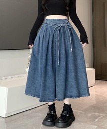 ウエストリボン タックプリーツデニムスカート