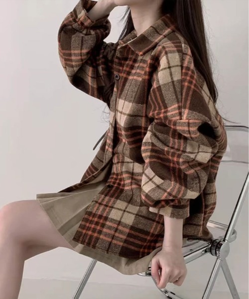 kirakiraShop(キラキラショップ)の「裏起毛 チェック柄 オーバーサイズ シャツ(シャツ/ブラウス・レディース・ブラウン/ブルー/レッド・FREE)」の5枚目の写真