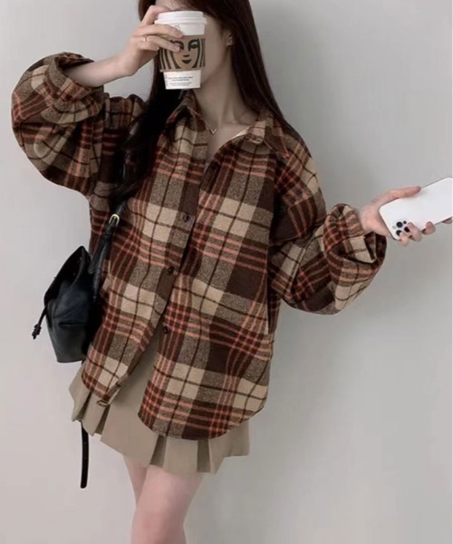 kirakiraShop(キラキラショップ)の「裏起毛 チェック柄 オーバーサイズ シャツ(シャツ/ブラウス・レディース・ブラウン/ブルー/レッド・FREE)」の11枚目の写真