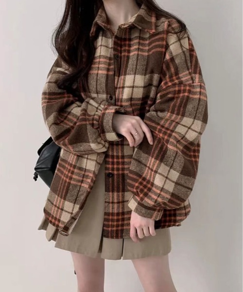 kirakiraShop(キラキラショップ)の「裏起毛 チェック柄 オーバーサイズ シャツ(シャツ/ブラウス・レディース・ブラウン/ブルー/レッド・FREE)」の12枚目の写真