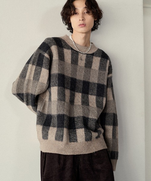 Bleme（ブレム）の「リラクシー チェック柄 シャギーニット（ニット/セーター・メンズ・グレー/カーキ/ベージュ・M/S/XL/L）」の2枚目の写真